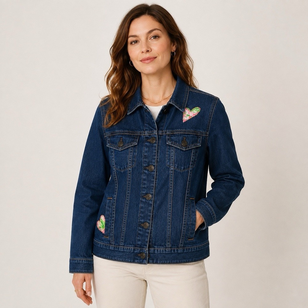 Talbots Denim Jean Jacket XS Floral Patches Dark Blue Spring Boho Upcycle Patch